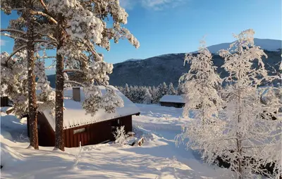 a cabin covered in snow with trees and mountains at Holiday Home Heidal Bakketun in Heidal