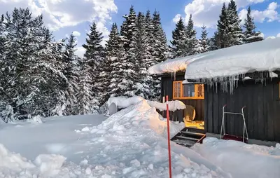 a cabin covered in snow with trees in the background at Månebu in Nesbyen