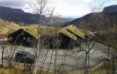 a house with a grass roof with a car parked in front at Holiday Home Hemsedal Høgeloft in Hemsedal