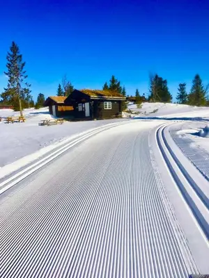 a snow covered road in front of a house at New large cabin Ski in out Sjusjøen & sauna in Ringsaker