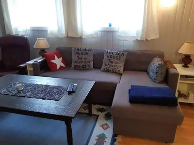 a living room with a couch and a coffee table at Fjord side apartment in Jondal