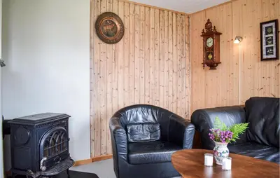 a living room with two leather chairs and a wood stove at 2 Bedroom Cozy Home In Stolmen
