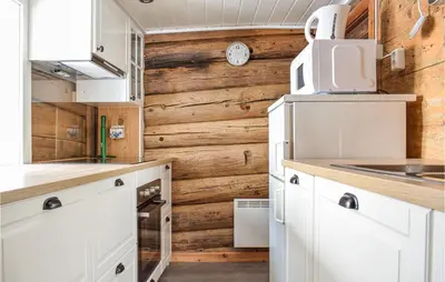 a kitchen with white cabinets and a wooden wall at Pet Friendly Home In Evanger in Evanger
