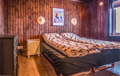 a bed in a room with a wooden wall at Lovely Home In Trysil With Wifi in Trysil