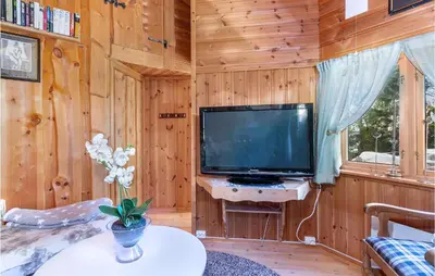 a living room with a large television in a cabin at Gorgeous Home In Øyer With Sauna in Øyer