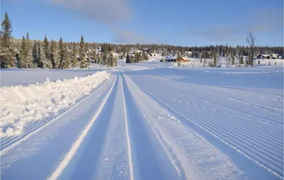 a snow covered road in a field with trees at Lovely Home In Lillehammer With Kitchen in Lillehammer