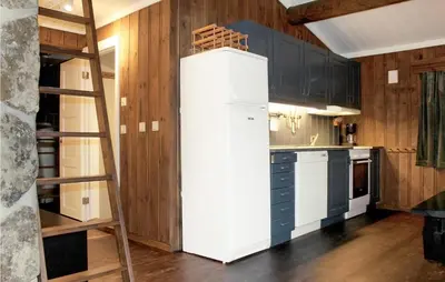 a kitchen with a white refrigerator and a ladder at Stunning Apartment In Hemsedal in Hemsedal