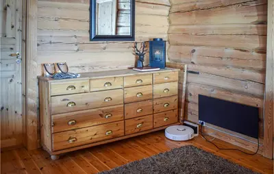 a dresser in a room with a wooden wall at Cozy Home In Hovden I Setesdal in Hovden