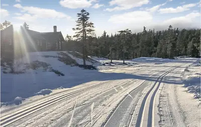 a road covered in snow with a house in the background at Awesome Home In Hønefoss With Wifi in Hønefoss