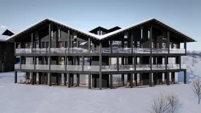 an architectural rendering of a house in the snow at Kikut Alpine Lodge 9103 in Geilo