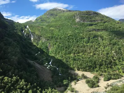 an aerial view of a mountain with a river at Reinunga Eco Hytta - Mountain lodge near Myrdal accessible only by train or bike in Myrdal