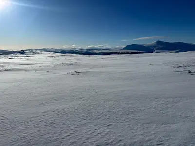 a snow covered field with mountains in the background at Trollvang, hytte med pool og sauna in Dovreskogen