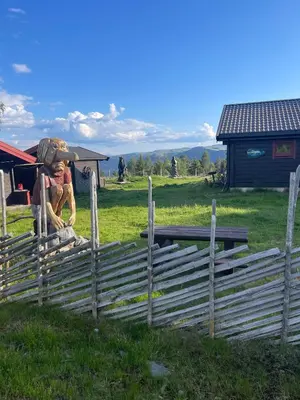 a statue of a ogre in a field behind a fence at Trollvang, hytte med pool og sauna in Dovreskogen