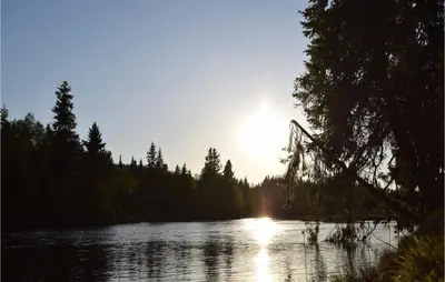 a sun is setting over a river with trees at Fjellheimen Nr 104 in Sjusjøen