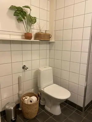 a bathroom with a toilet and a basket of toilet paper at Hytte i nydelige Jotunhemen - rett ved Besseggen in Randsverk