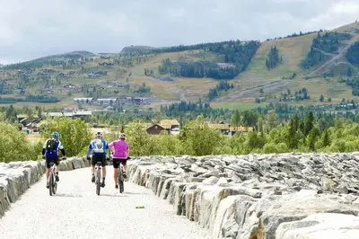 a group of people riding bikes down a road at Golsfjellet - Bualie, milevis med sykkelveier, fiske og vannaktivitet, ski inn/ut til alpinanlegg og langrennsløyper. in Gol