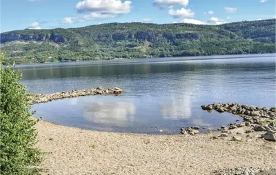 a view of a body of water with trees at Solbakken in Vikersund