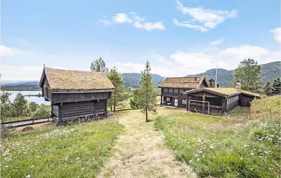 two wooden buildings in a field next to a lake at Amazing Home In Åmotsdal With Kitchen in Åmotsdal