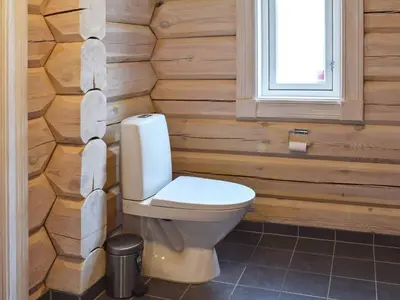 a bathroom with a toilet in a wooden wall at 8 person holiday home in HURDAL-By Traum in Hurdal
