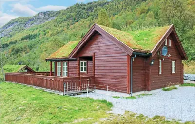 a small wooden house with a grass roof at 4 Bedroom Nice Home In Sogndal in Sogndal