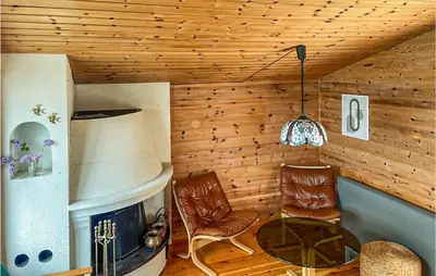 a living room with a fireplace and a table and chairs at 3 Bedroom Amazing Home In Skjold in Skjold