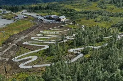an aerial view of a winding trail in a forest at Høgerinden Lodge in Sogndal