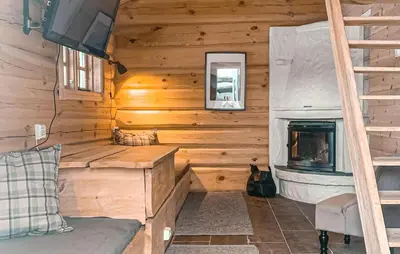 a log cabin with a fireplace and a couch at Cozy Home In Sjusjøen With Sauna in Sjusjøen