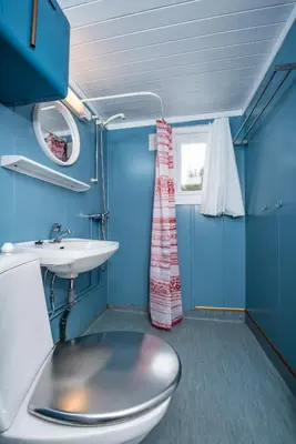 a blue bathroom with a toilet and a sink at Nærglimt - cabin by the lake Næra in Ringsaker