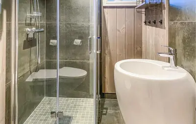 a bathroom with a shower and a sink and a toilet at Nice Home In Øyer With Kitchen in Øyer