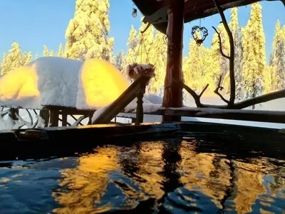 a hot tub with snow and trees in the background at DaVita Ranch in Tranhaug