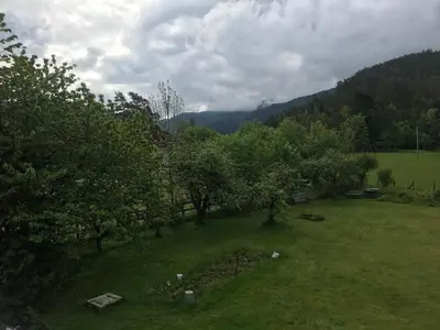 a green field with trees and mountains in the background at Dr Haave- middle of nowhere, pikeværelset in Sand