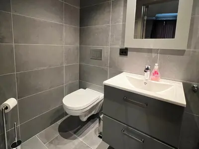 a bathroom with a toilet and a sink at Riddertunets moderne in Beitostøl