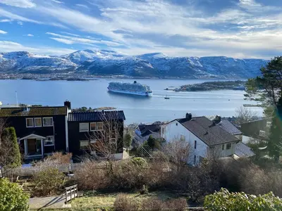 a large cruise ship in a large body of water at Great place with a stunning view of the mountains and the fjord in Ålesund