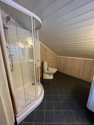 a bathroom with a shower and a toilet at Stryn - Faleide -hytte med fjord og fjell utsikt in Stryn