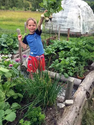 a young boy holding up a plant in a garden at Overvoll Farm in Stranda