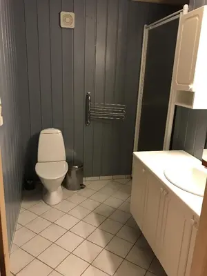a bathroom with a white toilet and a sink at Feriehus med utsikt til fjord og fjell in Gvammen