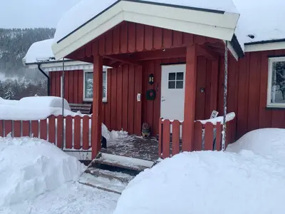 a red cabin in the snow with a dog in the doorway at Feriehus med utsikt til fjord og fjell in Gvammen