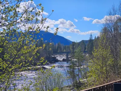 a river with a bridge and mountains in the background at Holiday Rooms in Gol