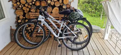 a bike parked next to a pile of logs at Relaxing place on Godøya in Godøy