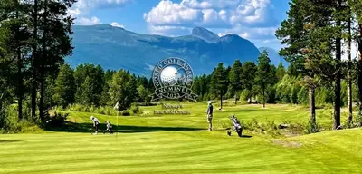 a group of people playing golf on a golf course at Family friendly cabin Hemsedal GolfAlpin golf, ski-out, fireplace & wifi in Hemsedal