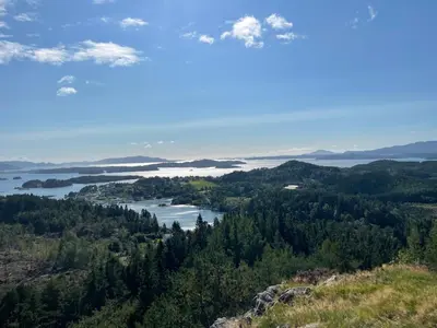 a view from the top of a hill with trees and water at Fjord studio in Sunde