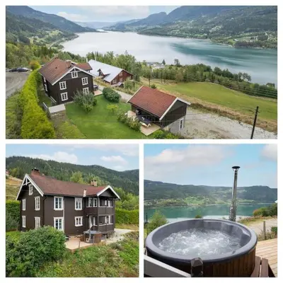 three different pictures of a house and a lake at Stamp and sauna! Small farm with fantastic view! in Favang