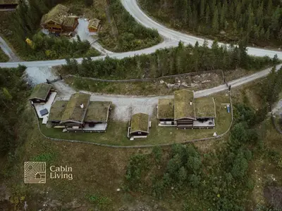 an overhead view of a house with grass roofs at Large cabin at Nesfjellet with lovely view, inddor Jacuzzi & sauna in Nes i Ådal