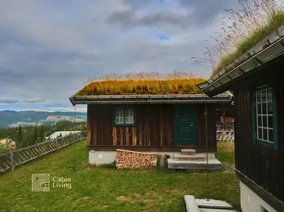 a house with a grass roof with a green door at Large cabin at Nesfjellet with lovely view, inddor Jacuzzi & sauna in Nes i Ådal
