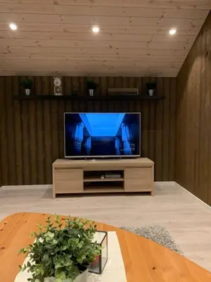 a living room with a flat screen tv on a wooden wall at Fjelltun Lodge in Sogndal