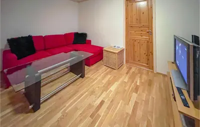 a living room with a red couch and a tv at Awesome Apartment In Tyinkrysset in Tyinkrysset