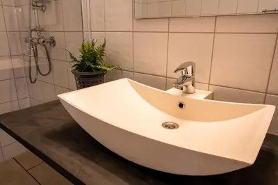 a white sink in a bathroom with a plant at Koie Standard in Stranda