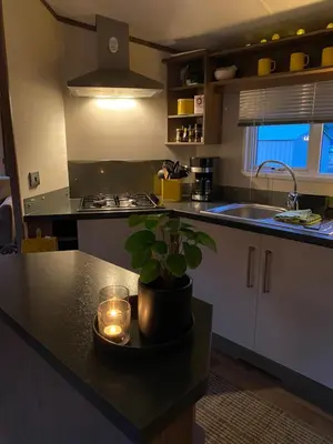 a kitchen with a table with a potted plant on it at Koie Holiday Home 3 in Stranda