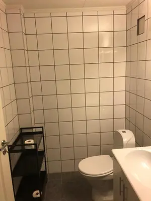 a white tiled bathroom with a toilet and a sink at Hemsedal Ulsåk in Torset
