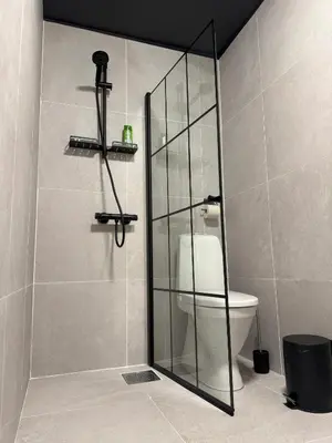 a bathroom with a glass shower with a toilet at Chausseen Apartments in Krogsti